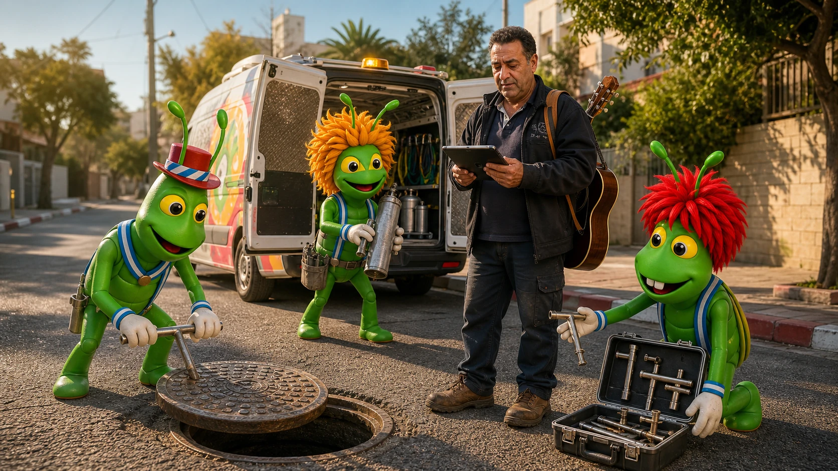 ציון שירי ושלושת הקמעות של צ׳יק צ׳ק ג׳וק בעבודת שטח עם מכשירים לפתיחת מכסי ביוב